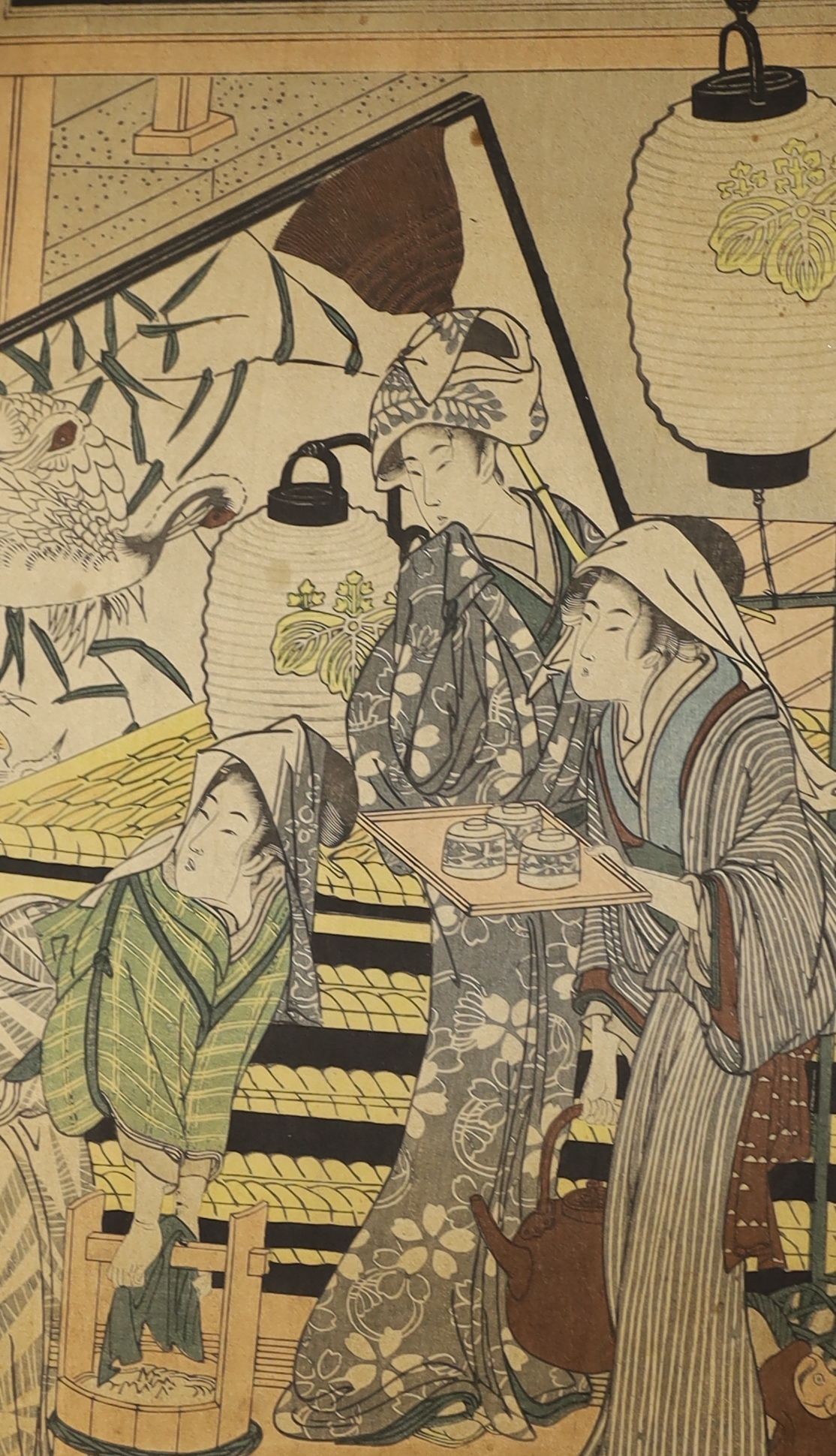 Japanese School, nine assorted woodblock prints including studies of Geisha and two triptychs, largest overall 35 x 70cm